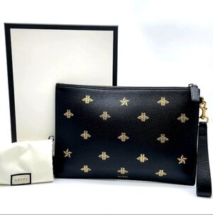 Gucci Black Leather Gold Bee Star Clutch - FULL INCLUSION